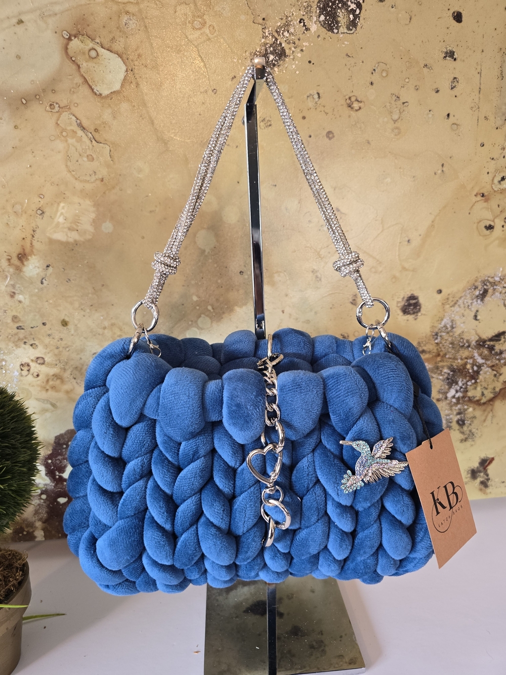 Plush Knit Blue Chain-Accent Shoulder Bag
